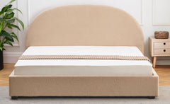Lit-coffre Carualis avec tête de lit arrondie 180x200cm tissu bouclette beige