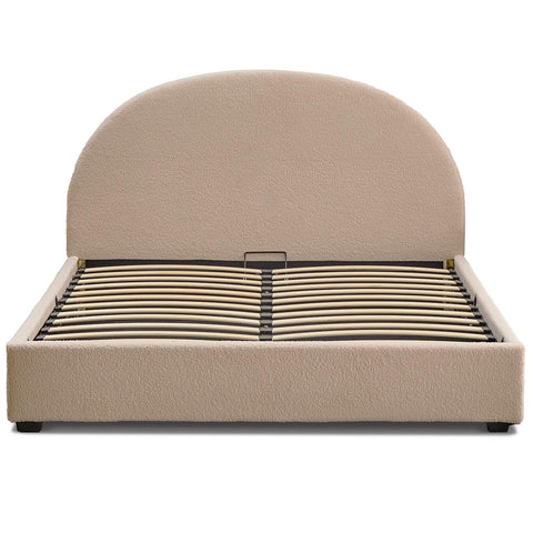 Lit-coffre Carualis avec tête de lit arrondie 140x190cm tissu bouclette beige