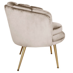 Fauteuil rond en velours taupe avec pieds en métal doré