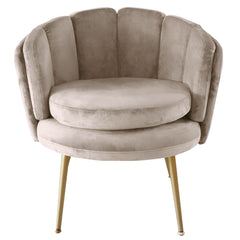 Fauteuil rond en velours taupe avec pieds en métal doré