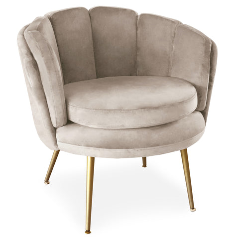 Fauteuil rond en velours taupe avec pieds en métal doré