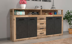 Buffet 4 portes et 4 tiroirs Bamat style industriel chêne et gris L190 cm