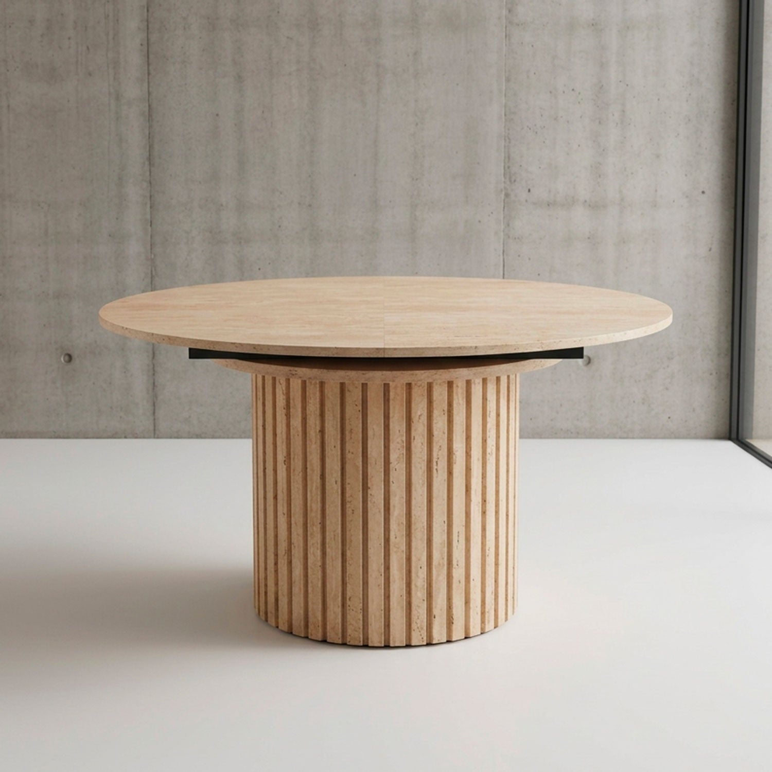 Table ronde extensible pied central style colonne Burkina 120-160cm Effet travertin Beige