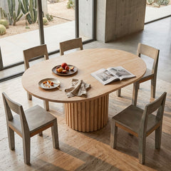 Table ronde extensible pied central style colonne Burkina 120-160cm Effet travertin Beige