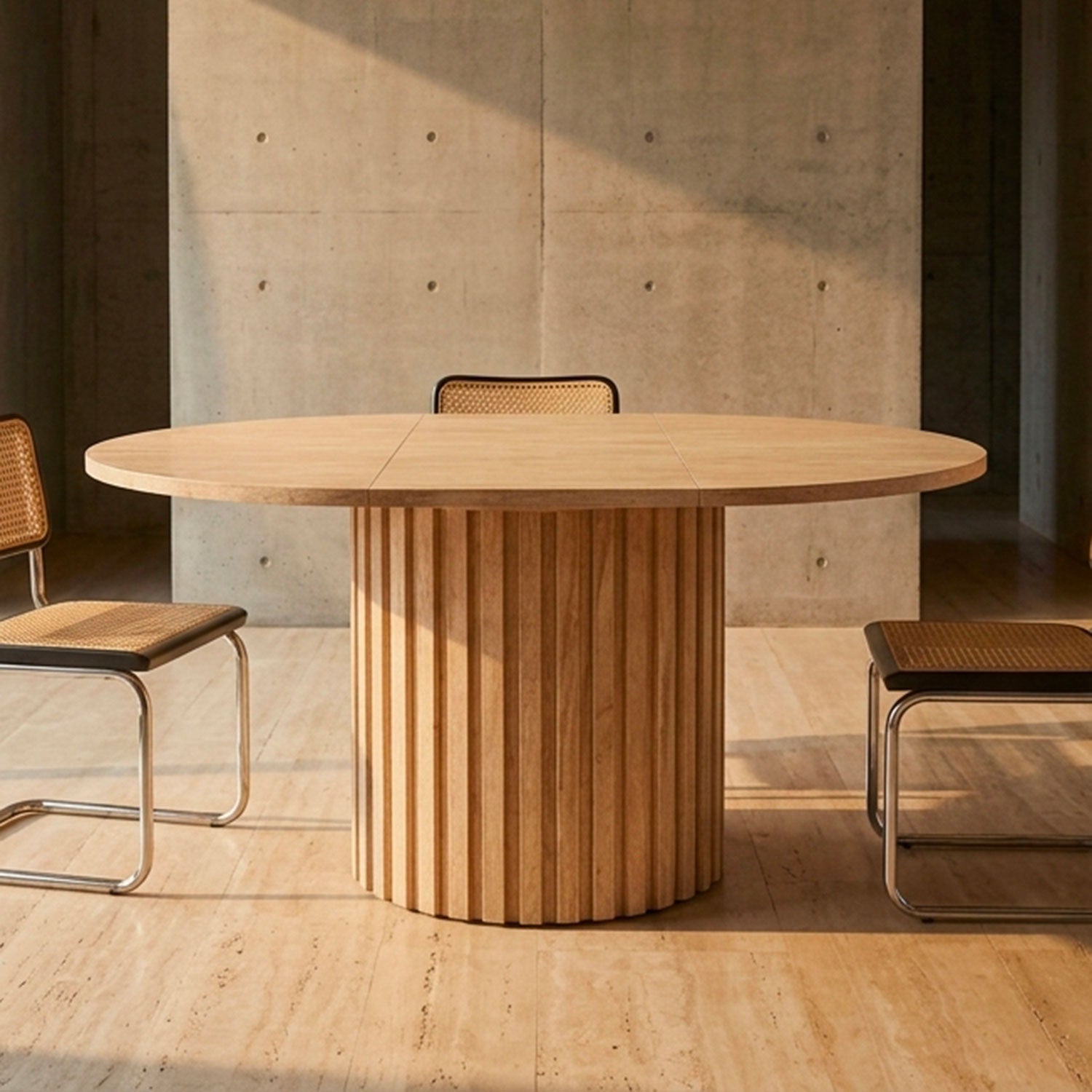 Table ronde extensible pied central style colonne Burkina 120-160cm Effet travertin Beige