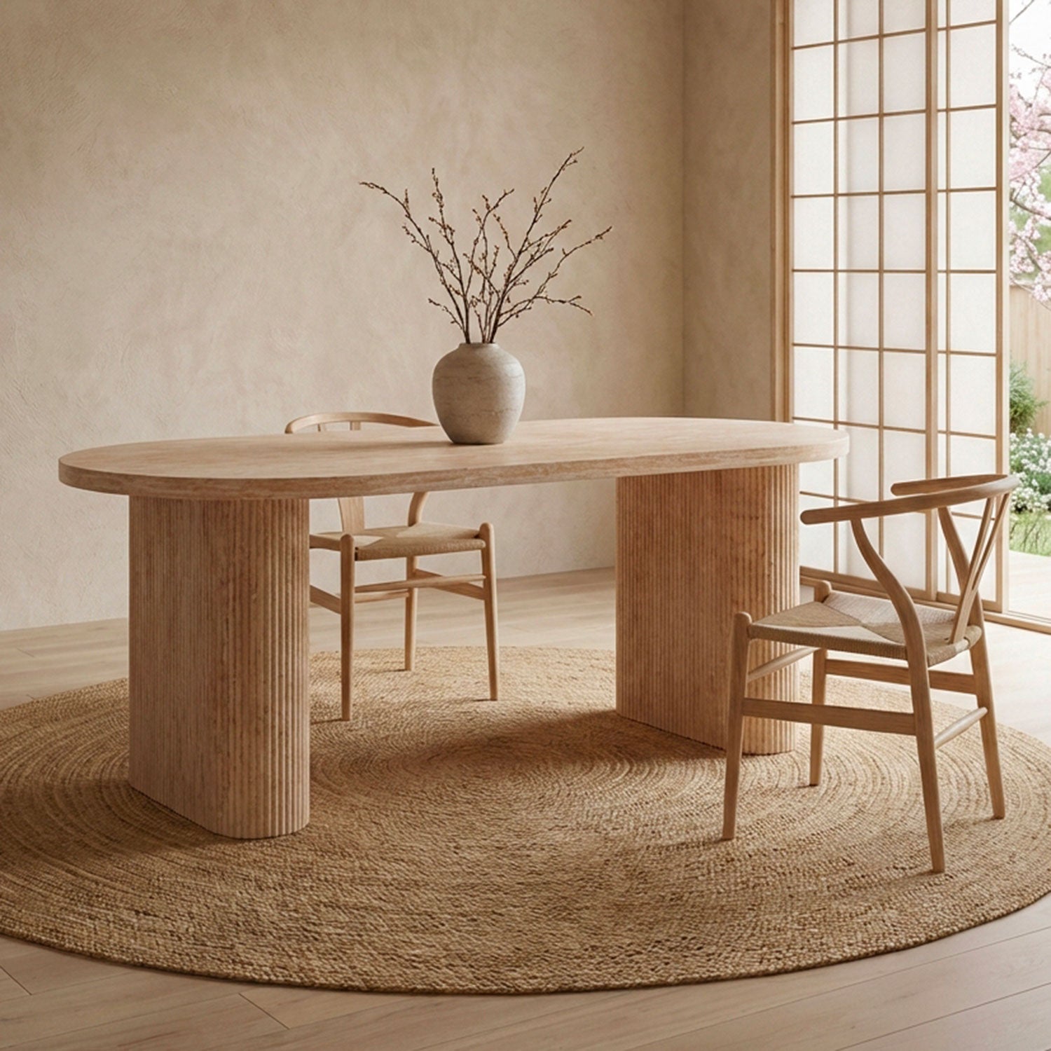 Table ovale Burundi avec pieds design style colonnes Effet travertin Beige