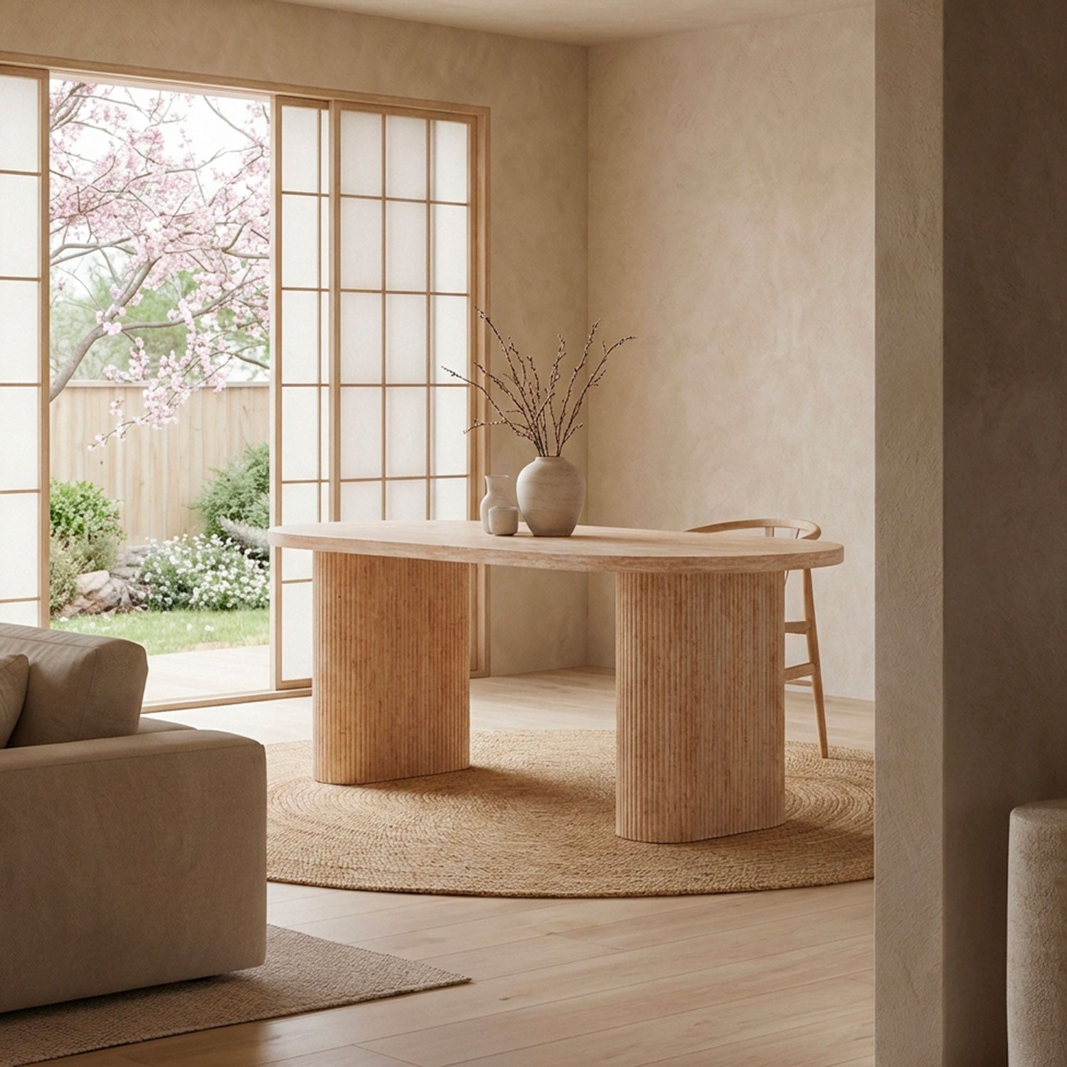 Table ovale Burundi avec pieds design style colonnes Effet travertin Beige
