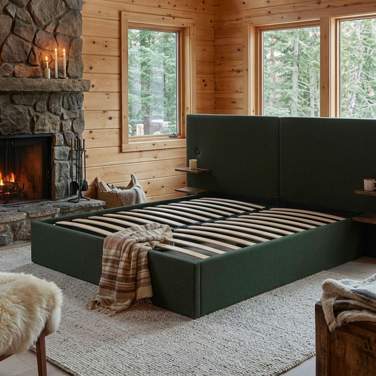Lit-coffre complet avec tablettes et ports USB intégrés Lukas 180x200cm Tissu Vert