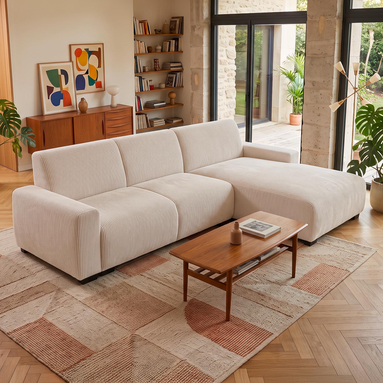 Canapé d'angle moderne 287cm Wallis Velours côtelé Crème