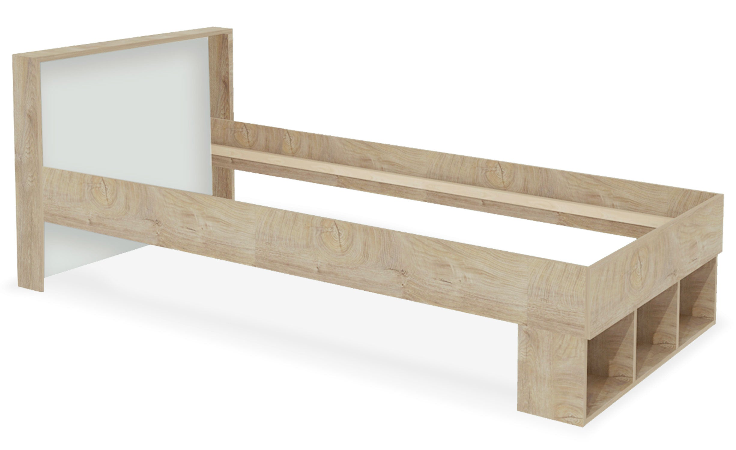 Cadre de lit simple Mitogo pour sommier 90x200cm avec 3 casiers de rangement Chêne clair