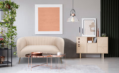 Canapé 2 places moderne Bombaro pieds métal doré et Tissu bouclette Beige