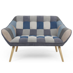Canapé 2 places Scandinave Zentao effet patchwork Velours Gris et bleu