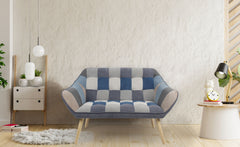 Canapé 2 places Scandinave Zentao effet patchwork Velours Gris et bleu