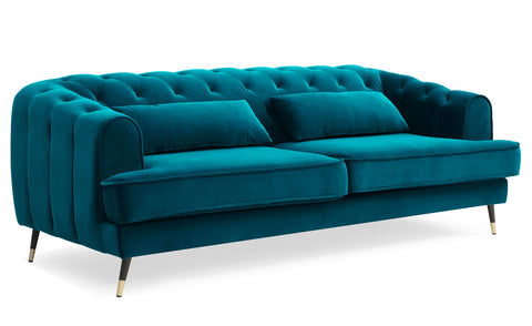 Canapé 3 places Banola style boudoir velours bleu canard capitonné