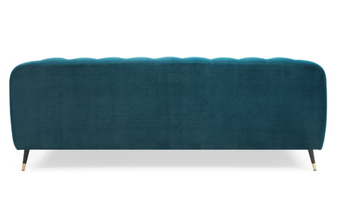 Canapé 3 places Banola style boudoir velours bleu canard capitonné