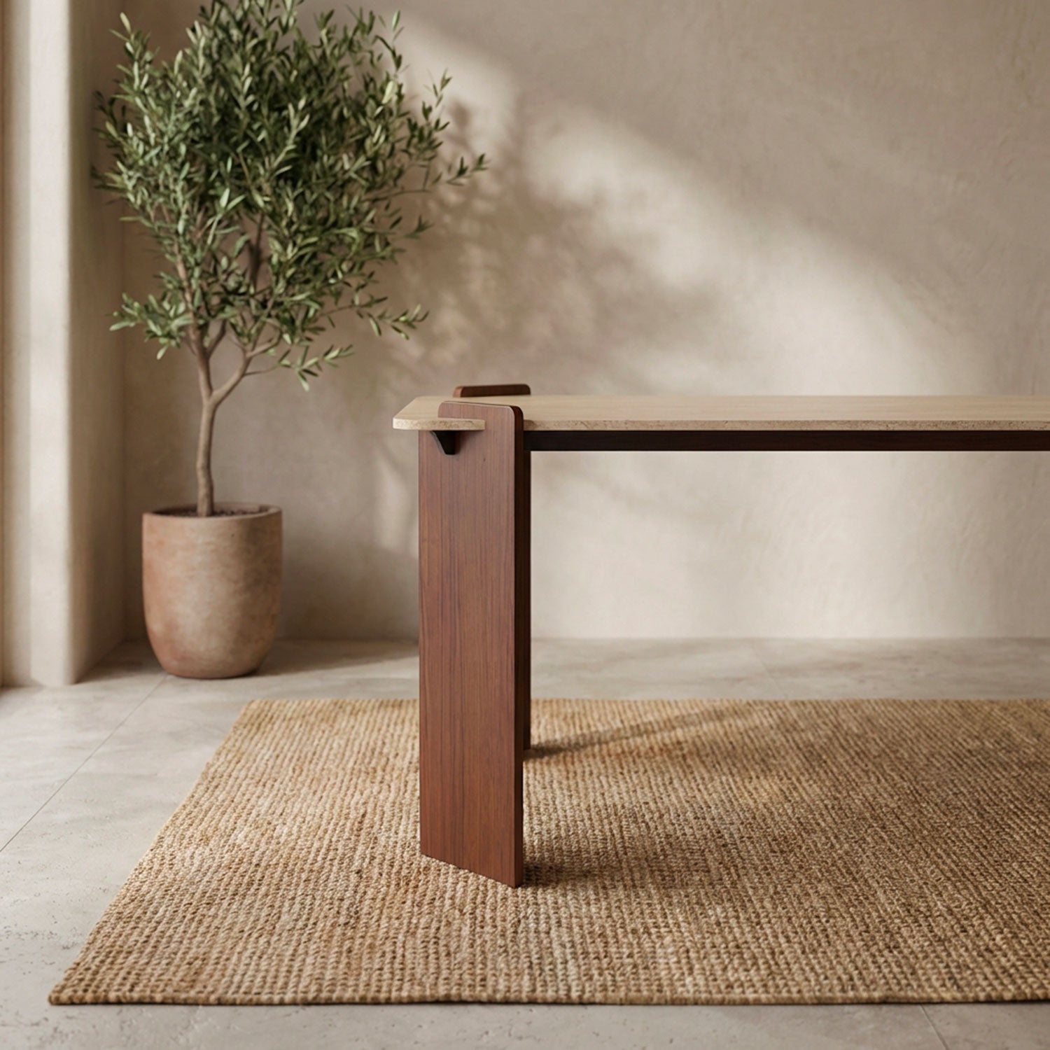 Table à manger au design Art Déco Cezanne 80x190cm Effet travertin Beige et Bois foncé