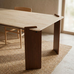 Table à manger au design Art Déco Cezanne 80x190cm Effet travertin Beige et Bois foncé