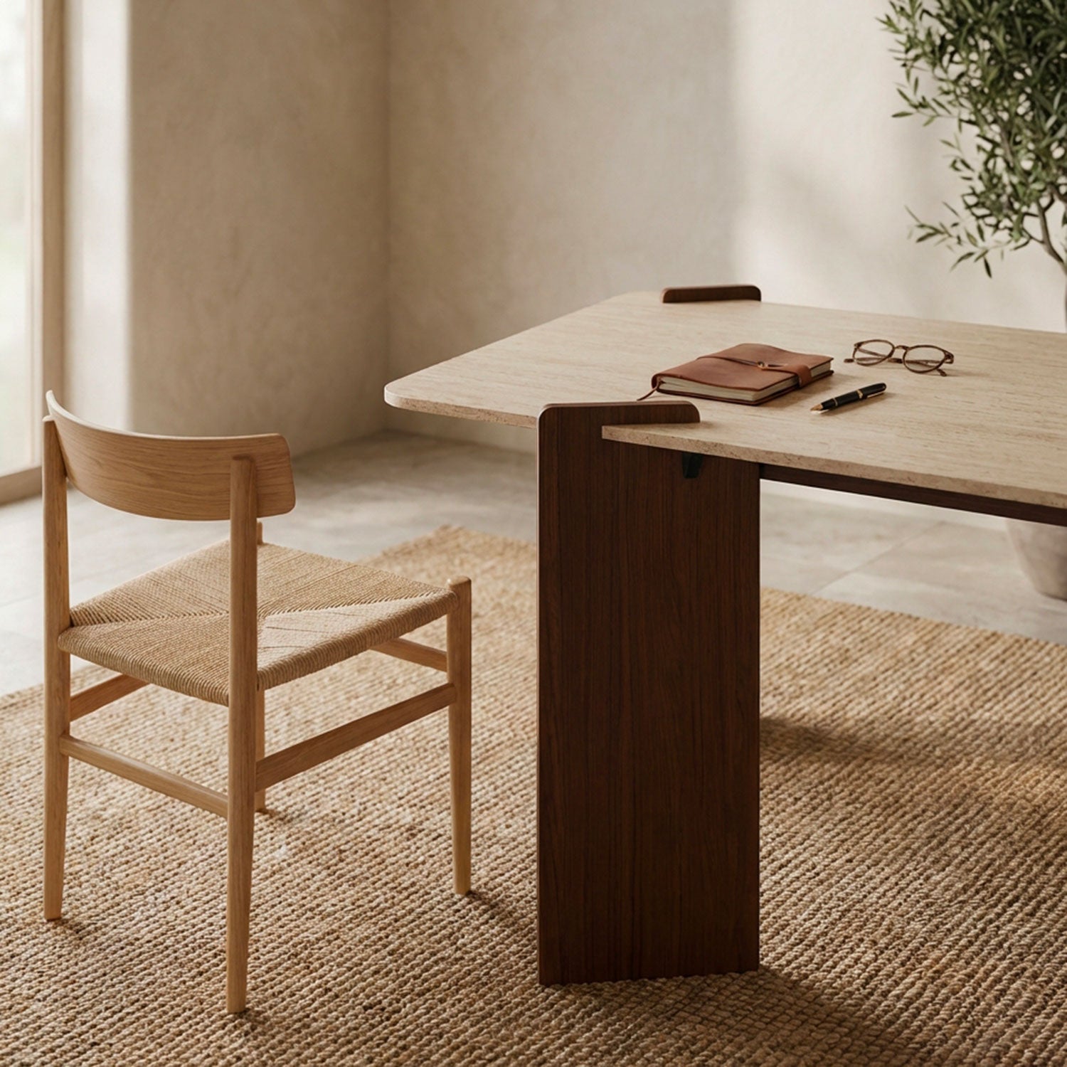 Table à manger au design Art Déco Cezanne 80x190cm Effet travertin Beige et Bois foncé