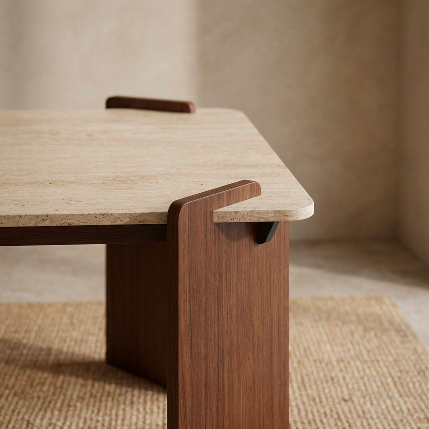 Table à manger au design Art Déco Cezanne 80x190cm Effet travertin Beige et Bois foncé