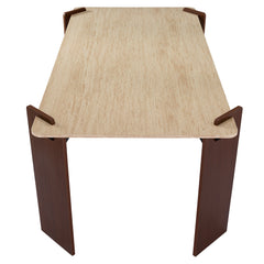 Table à manger au design Art Déco Cezanne 80x190cm Effet travertin Beige et Bois foncé