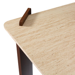 Table à manger au design Art Déco Cezanne 80x190cm Effet travertin Beige et Bois foncé