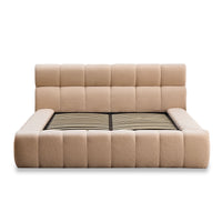 Lit-coffre 160x200cm tissu bouclette beige avec tête de lit matelassée