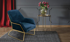 Fauteuil Claudio Velours Bleu pieds Métal Or