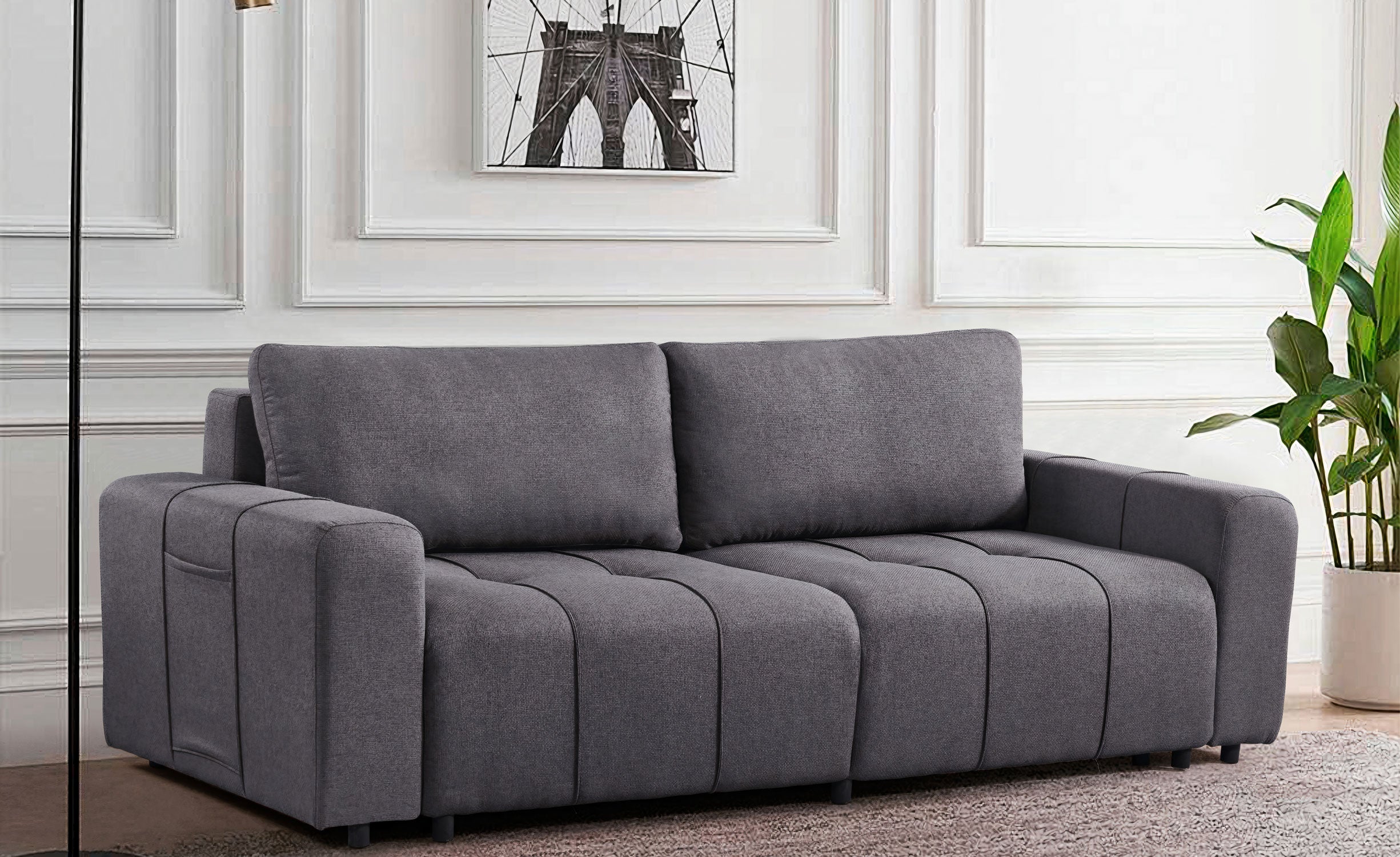 Canapé convertible 3 places Cloudy Tissu effet lin Gris foncé