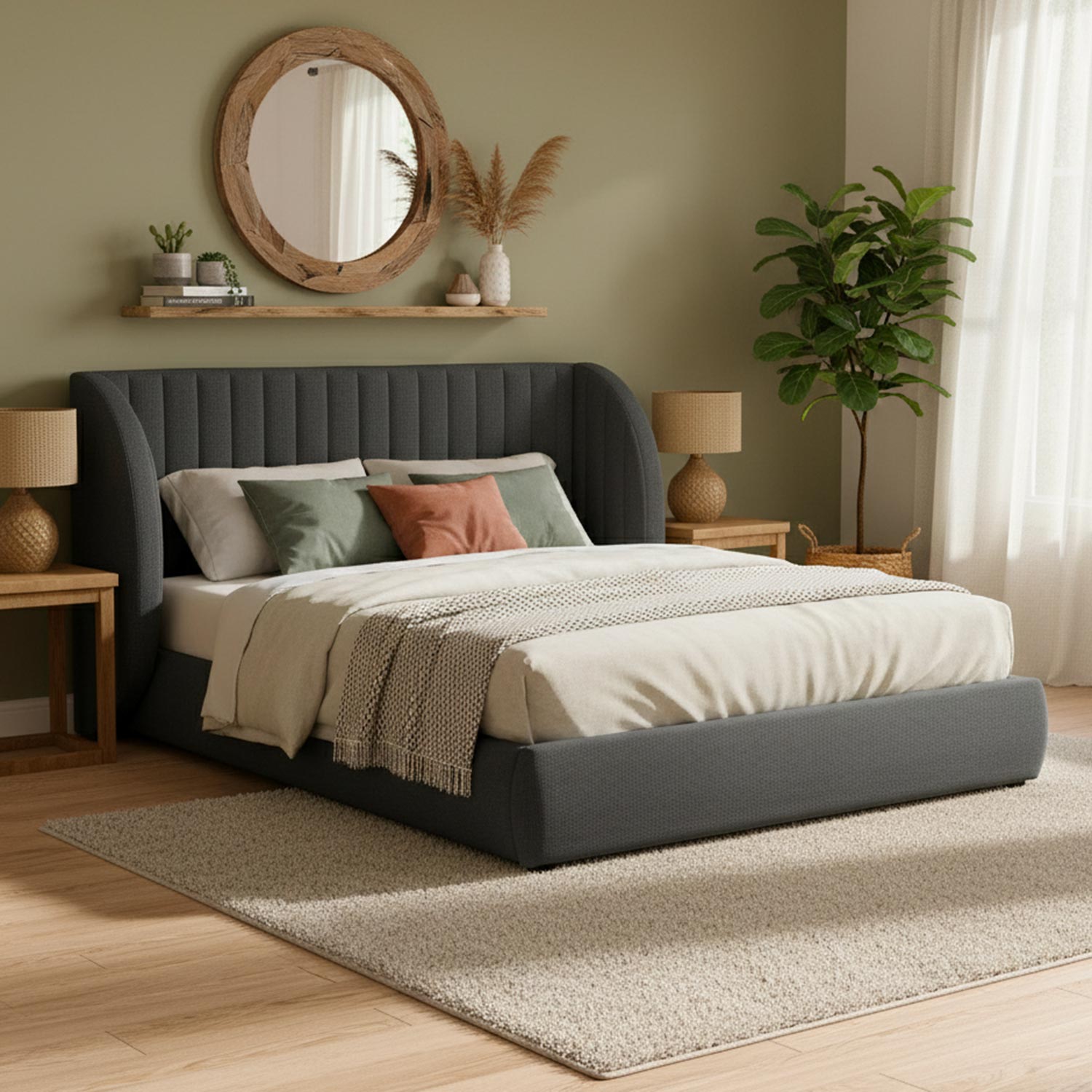 Lit coffre-complet avec tête de lit modulable Cocon 140x200cm Tissu Gris foncé