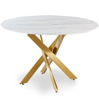 Table ronde en verre effet marbre blanc avec pieds en métal or