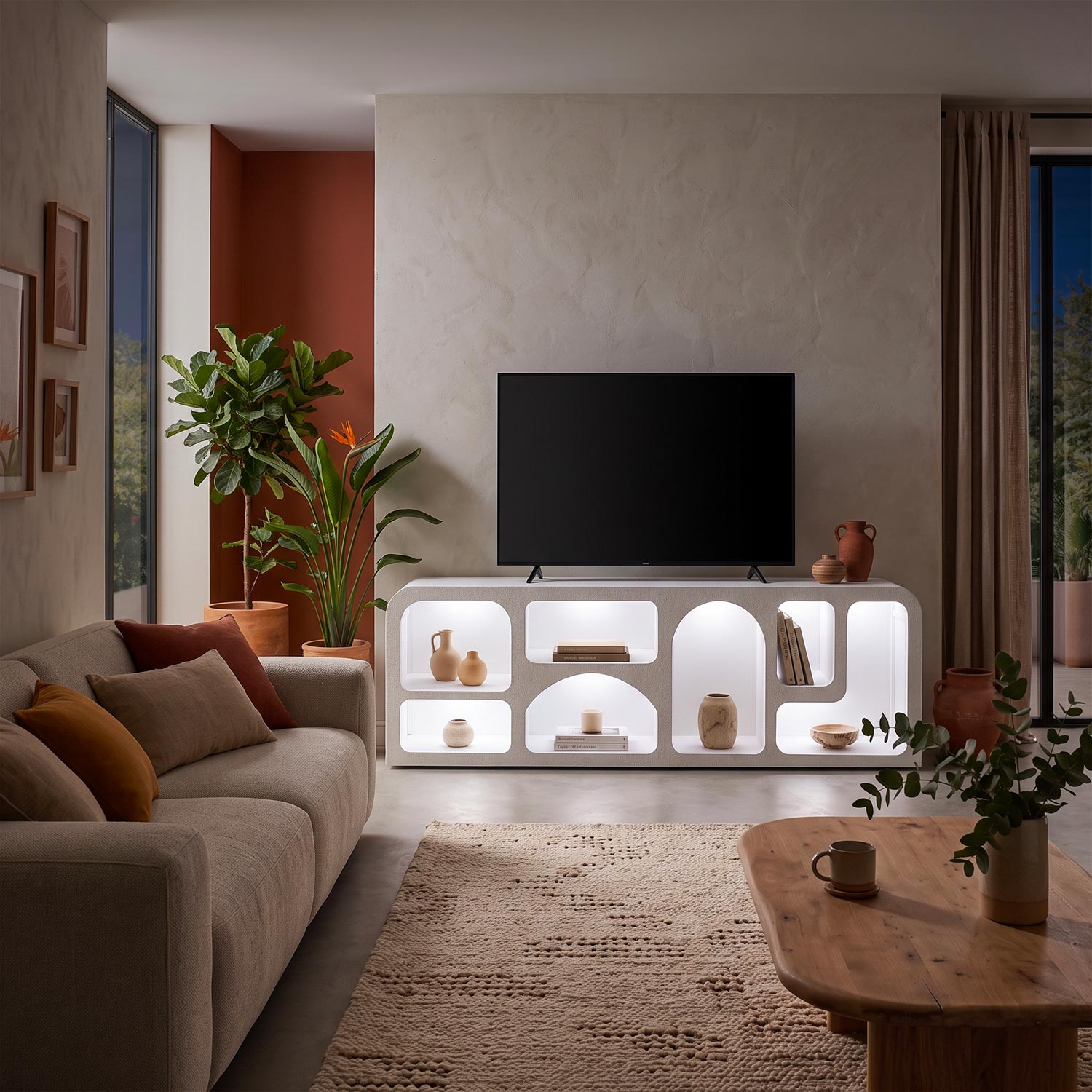 Buffet bas L160cm design arches avec LED intégrées Navalor Blanc