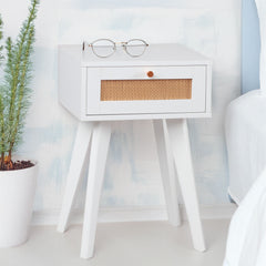 Table de chevet Carnes 1 tiroir cannage L40cm blanc