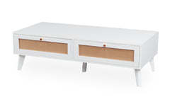 Table basse Carnes avec cannage et 2 tiroirs blanc 120 cm
