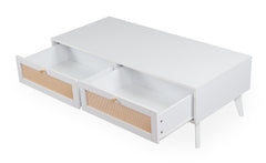 Table basse Carnes avec cannage et 2 tiroirs blanc 120 cm