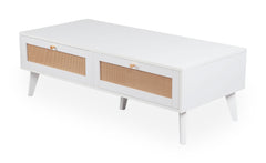 Table basse Carnes avec cannage et 2 tiroirs blanc 120 cm