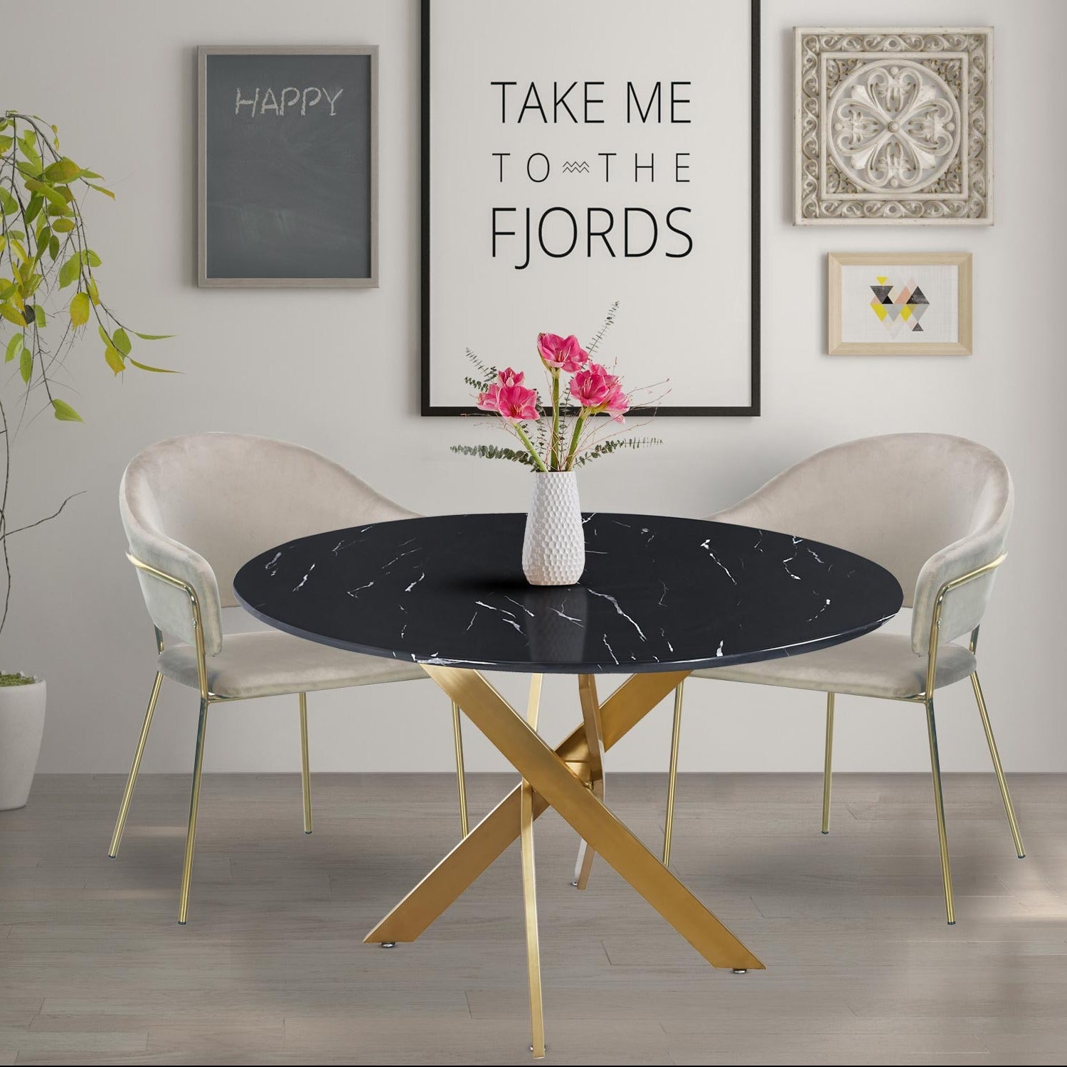 Table ronde Corix Verre effet Marbre Noir et pieds Or