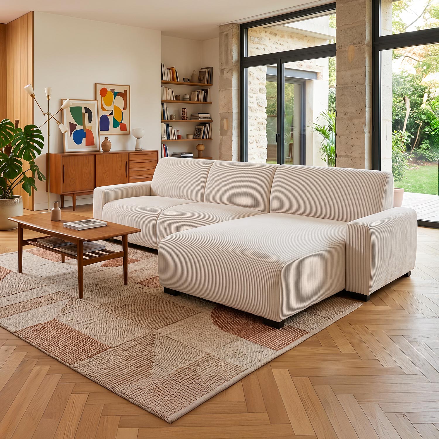 Canapé d'angle moderne 287cm Wallis Velours côtelé Crème