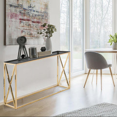 Console en verre fumé et pieds en or Amelini