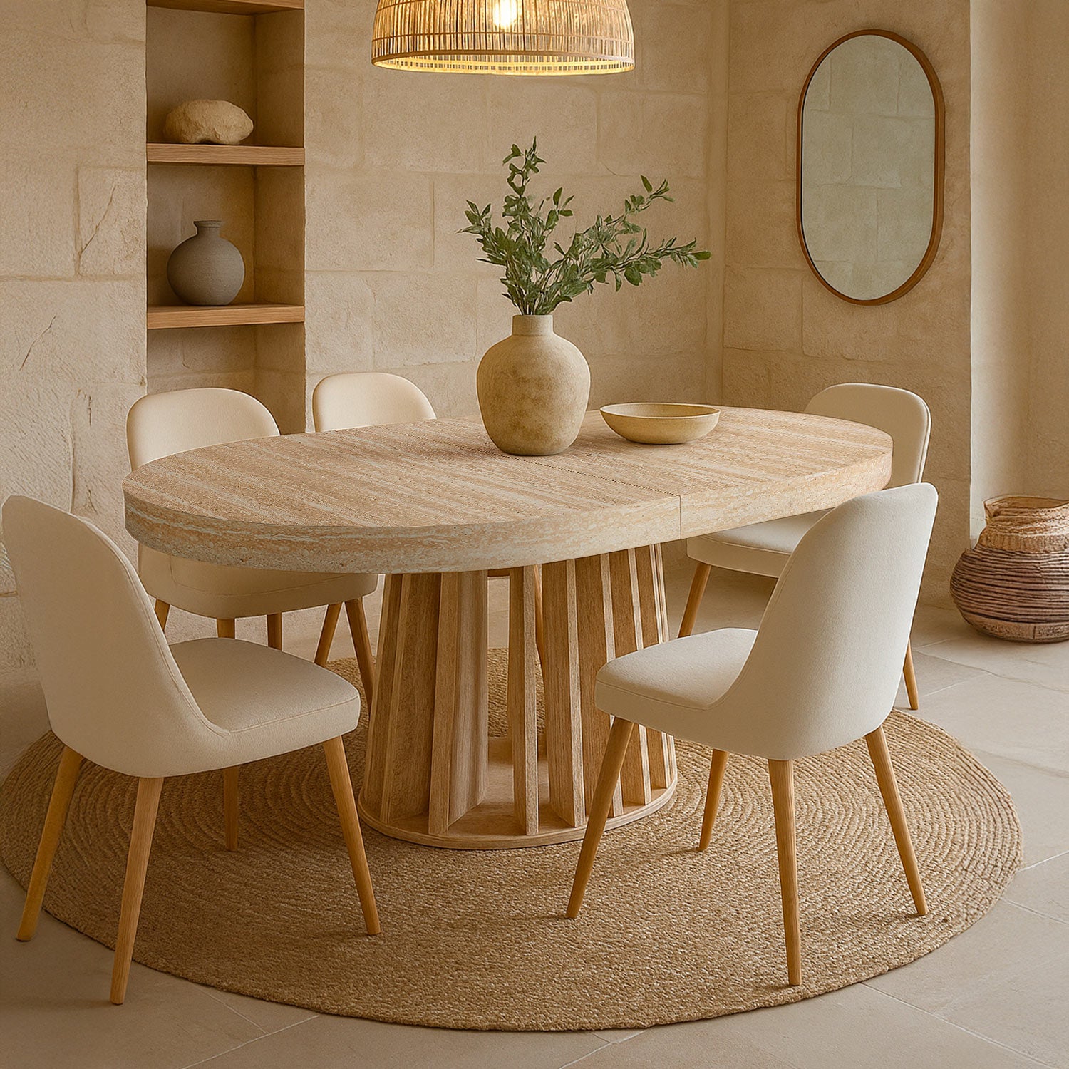 Table ovale extensible 150-300cm Eliza Effet Travertin Beige