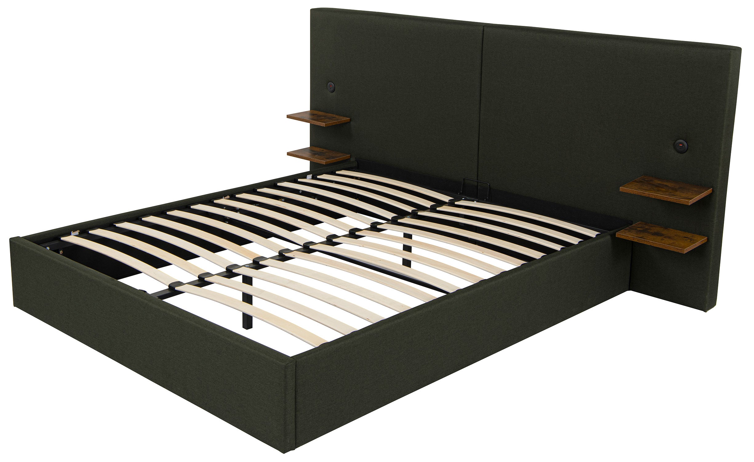 Lit-coffre complet avec tablettes et ports USB intégrés Lukas 180x200cm Tissu Vert