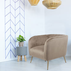 Fauteuil Benife moderne pieds métal doré et velours taupe