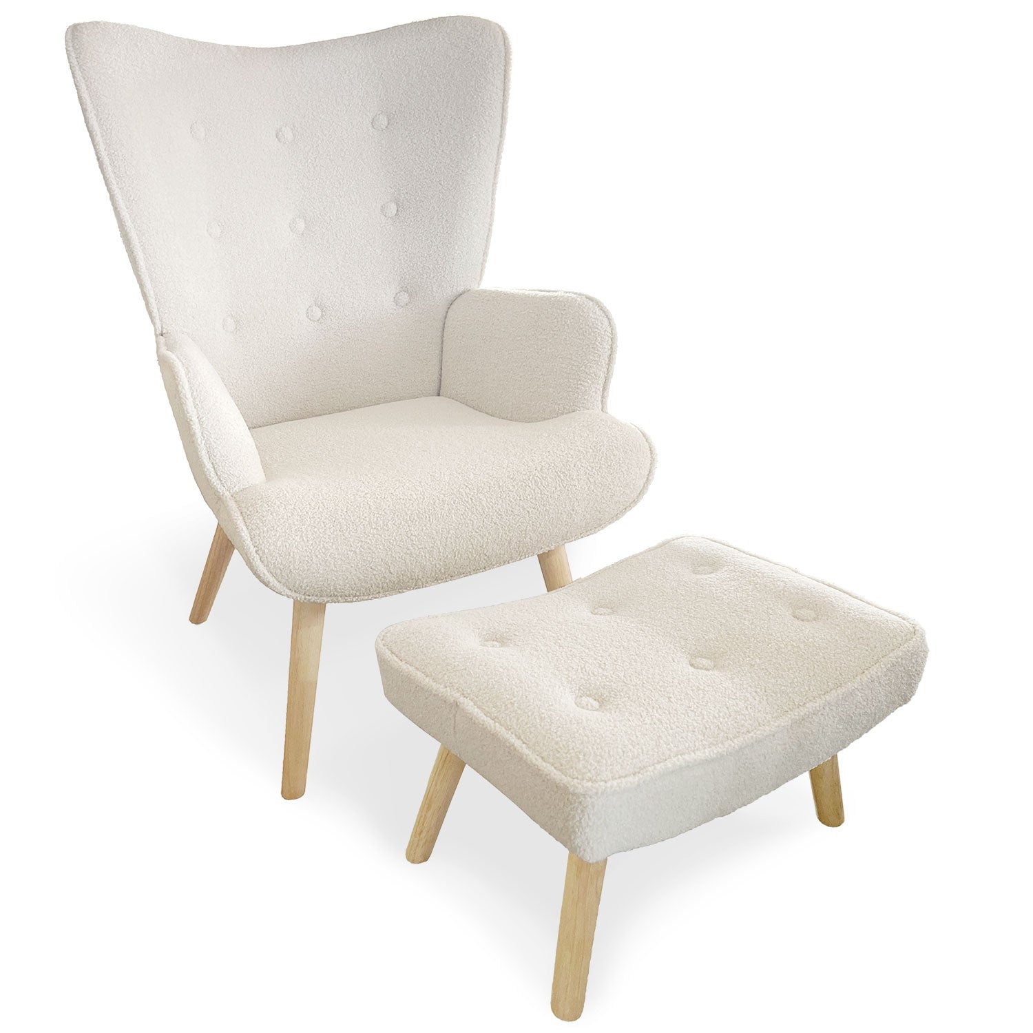 Fauteuil scandinave + pouf Lylou Tissu bouclette lainée Crème