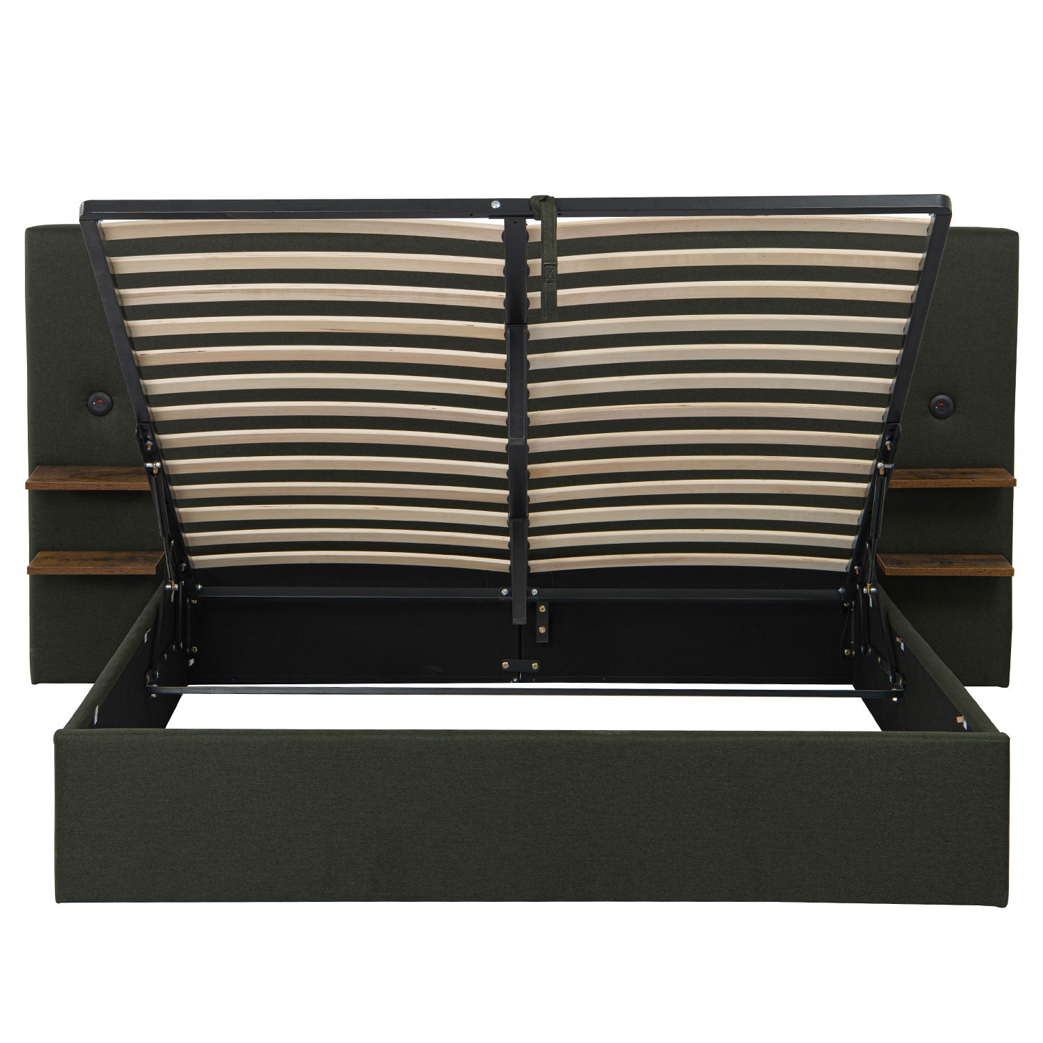 Lit-coffre complet avec tablettes et ports USB intégrés Lukas 180x200cm Tissu Vert