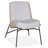 Fauteuil en bois et tissu gris clair avec pieds en métal noir