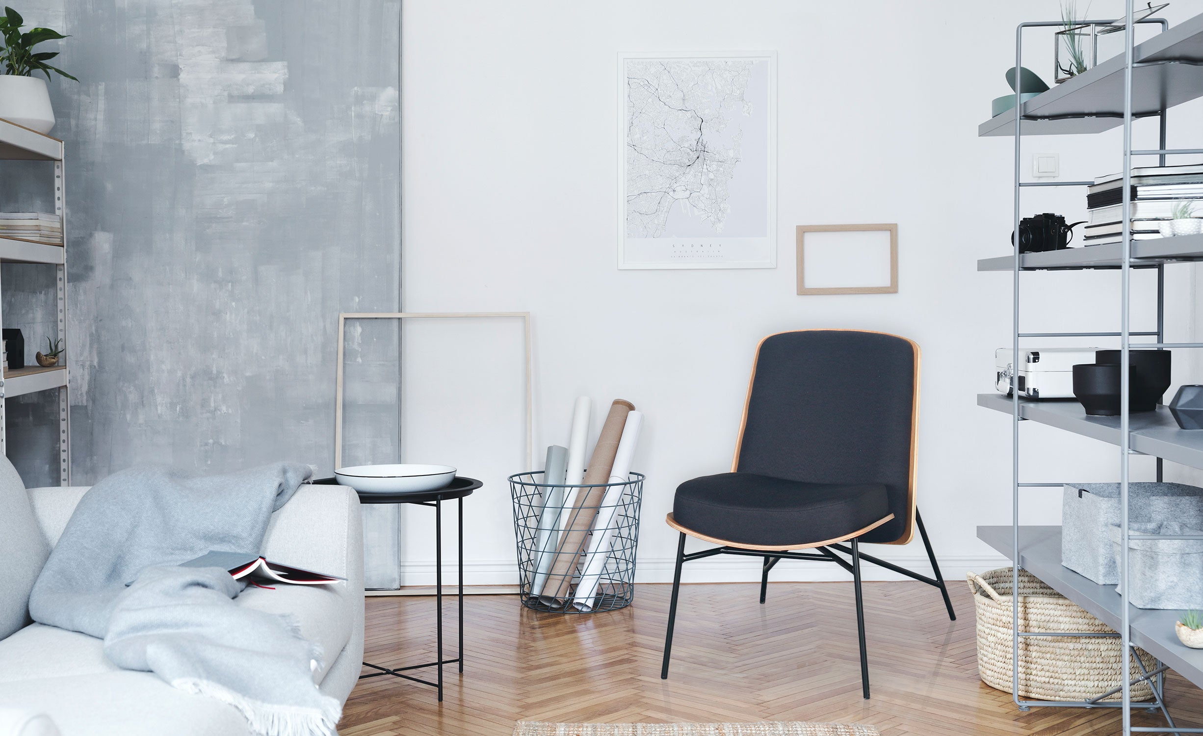 Fauteuil moderne Gauguin Bois clair et Tissu noir