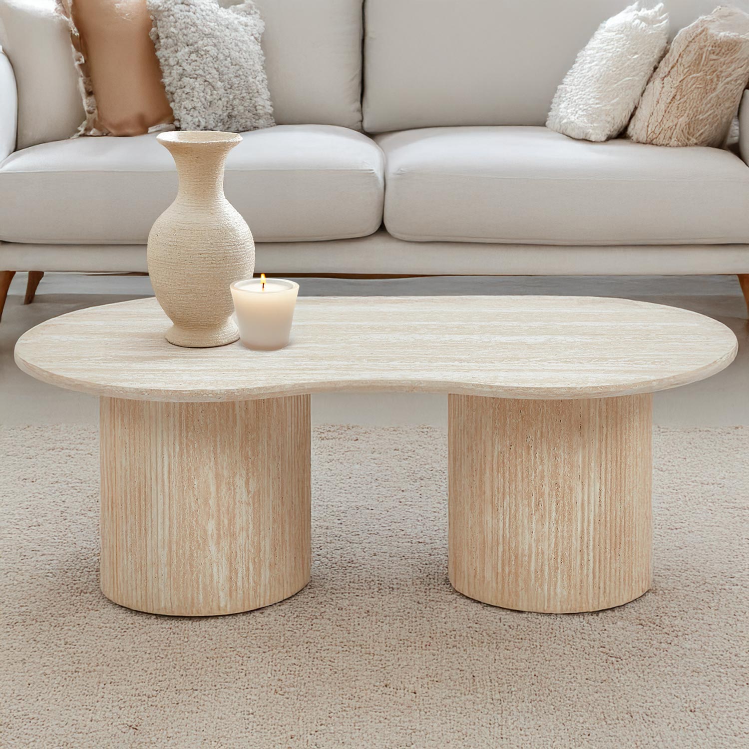 Table basse moderne 70x130cm avec pieds style colonnes Gwendoline Beige