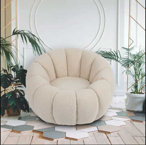 Fauteuil Bellina design coquillage tissu bouclette crème