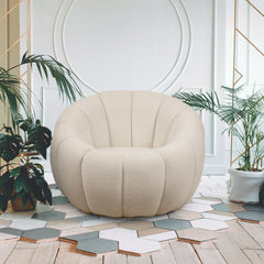 Fauteuil Bellina design coquillage tissu bouclette crème