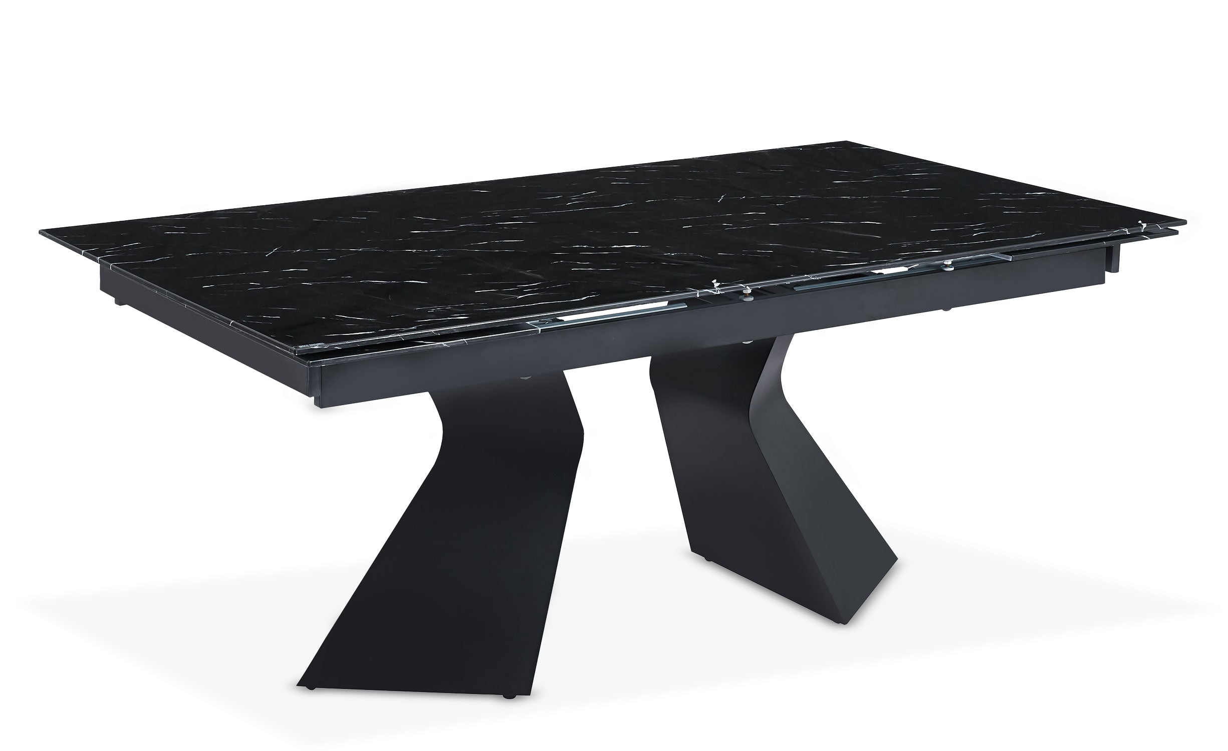 Table à manger extensible Icaria en Verre effet marbre noir et pieds Métal Noir