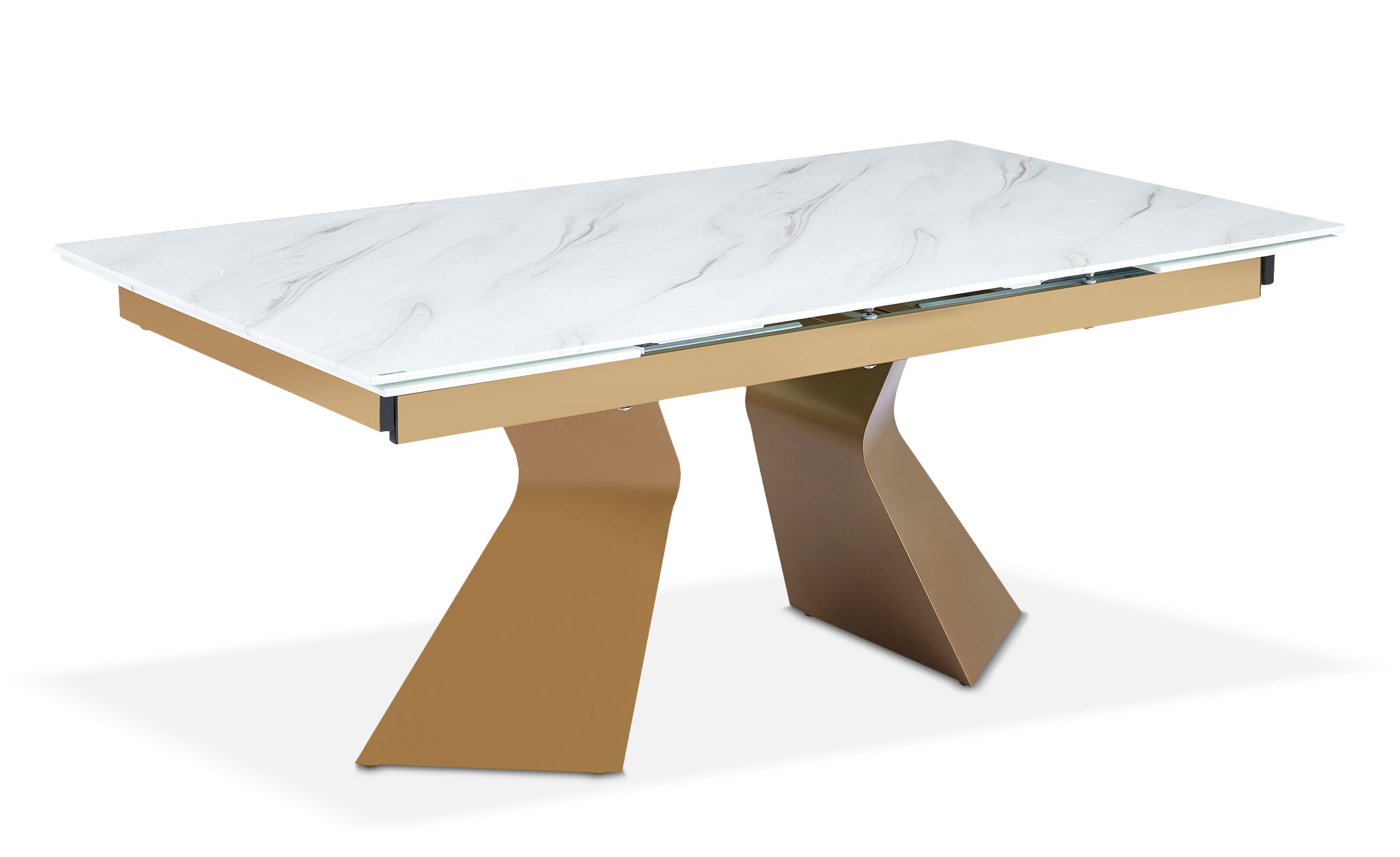 Table à manger extensible Icaria en Verre effet Marbre Blanc et pieds Or